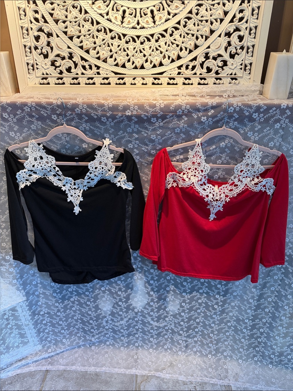 Lucky Brand Off-Shoulder Lace Appliqué Top in  Red and 1 black unbranded.